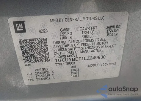 2020 Chevrolet Silverado 1500 4Wd Standard Bed Custom from USA, damaged, VIN 1GCUYBEF1LZ249930